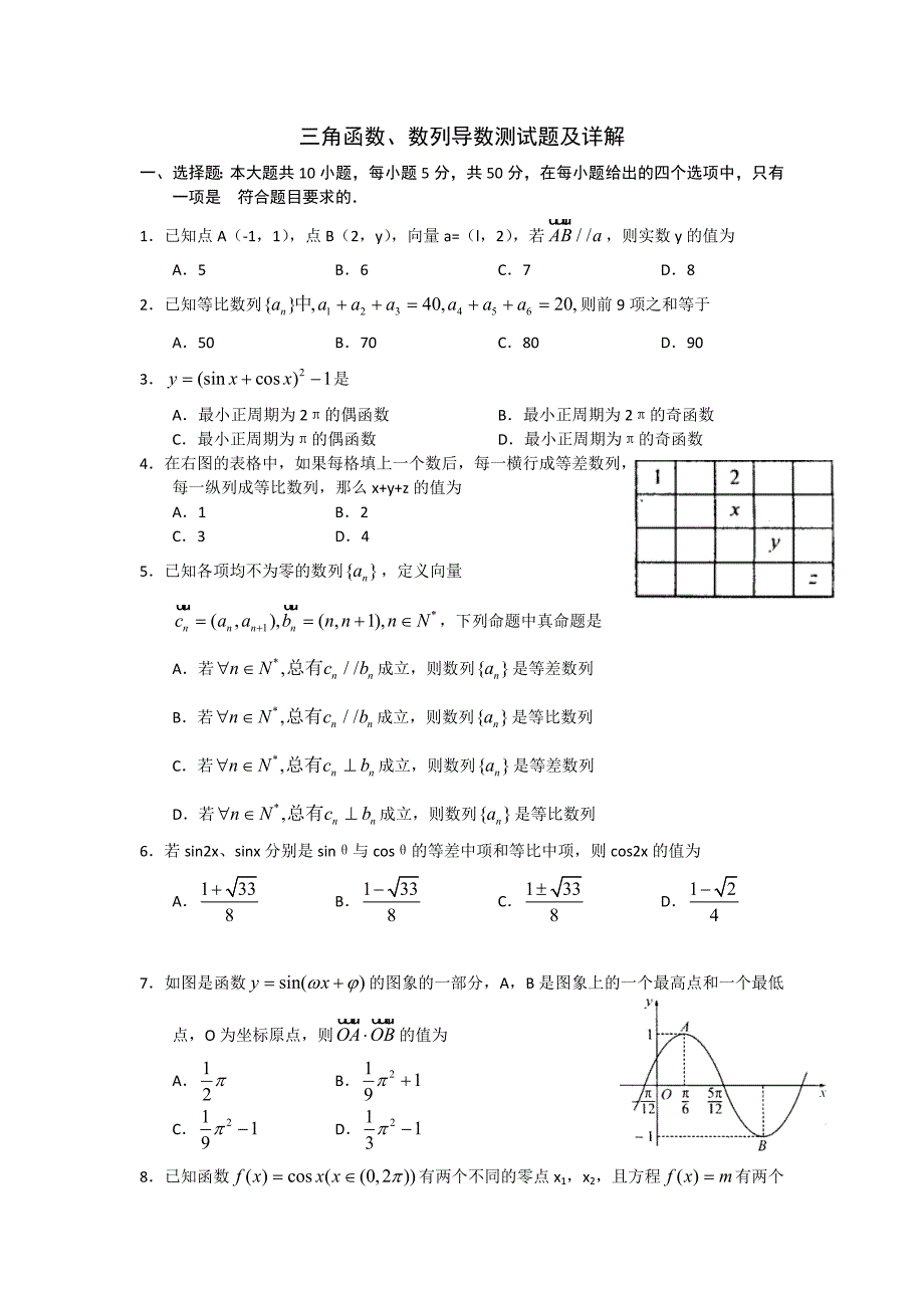 三角函数、数列、导数试题及详解_第1页