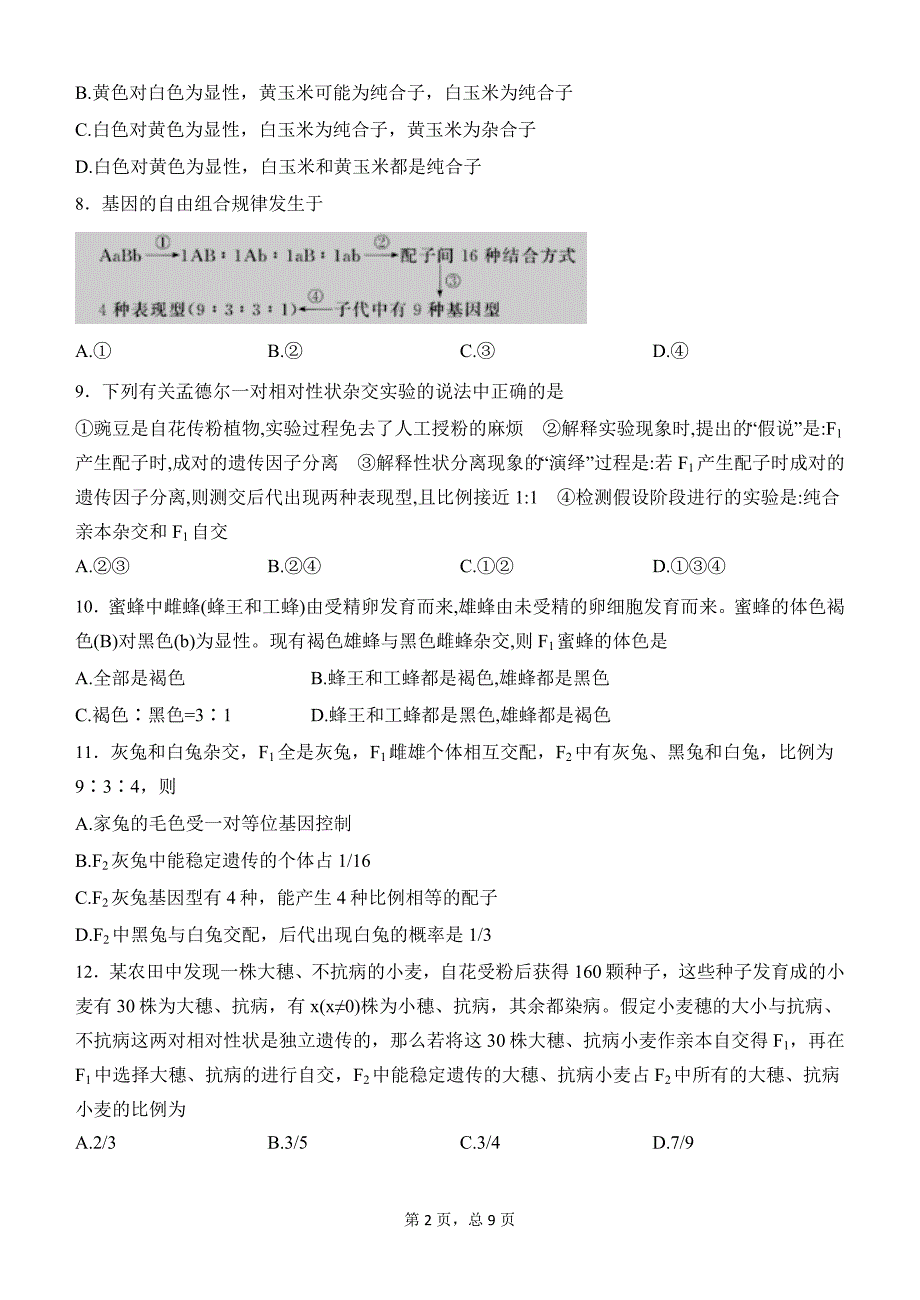 高一第二学期第一次月考生物试卷附答案_第2页