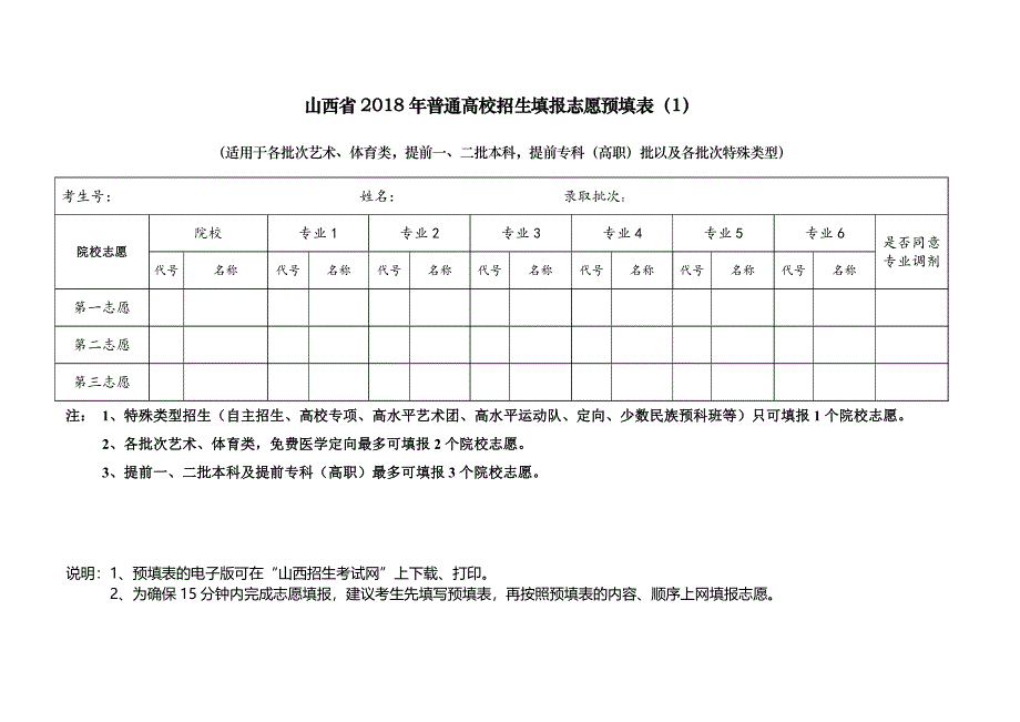 上网—山西省2018年普通高校招生志愿填报预填表样表_第1页