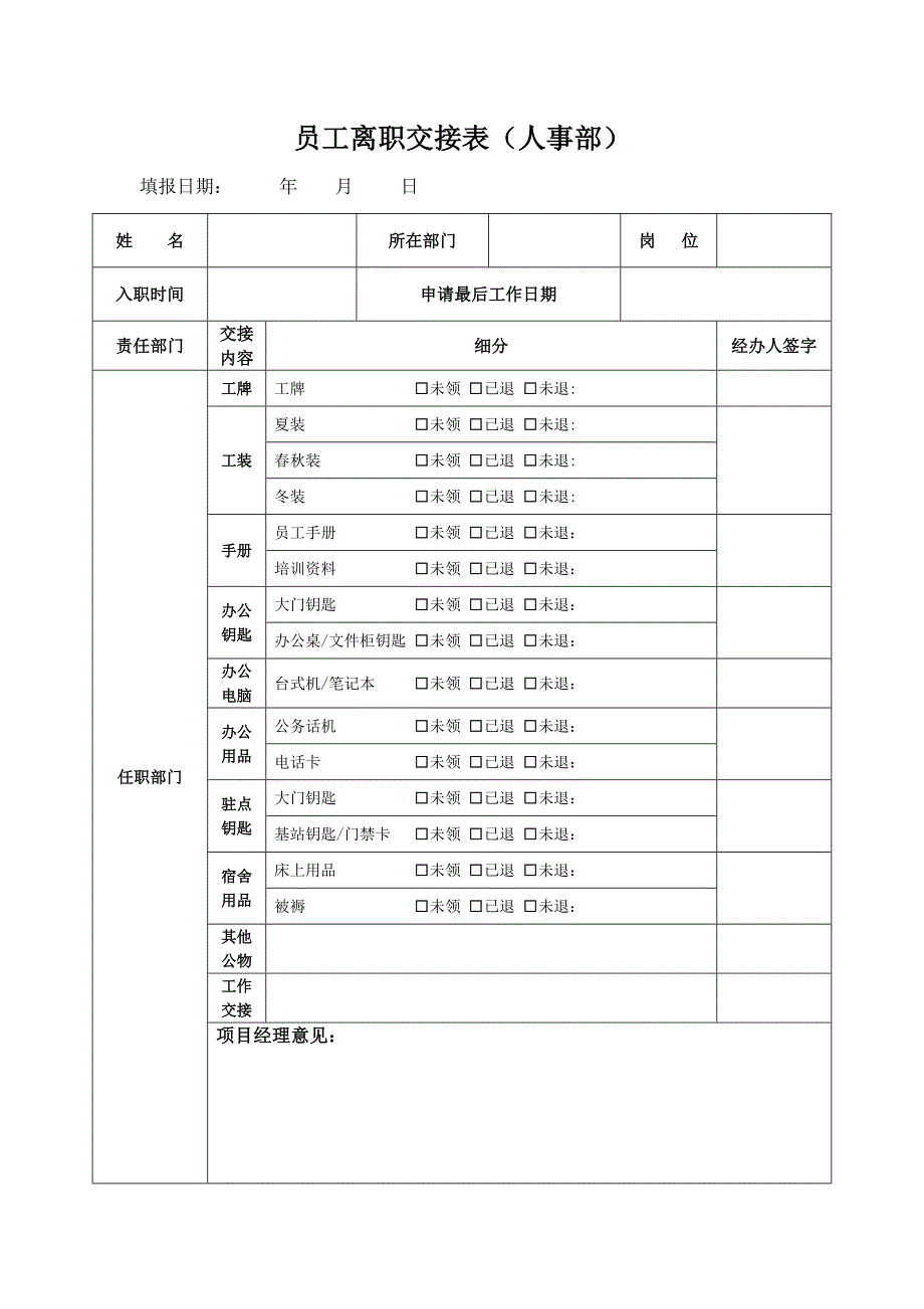 员工离职交接记录表(物品及工作交接)_第1页