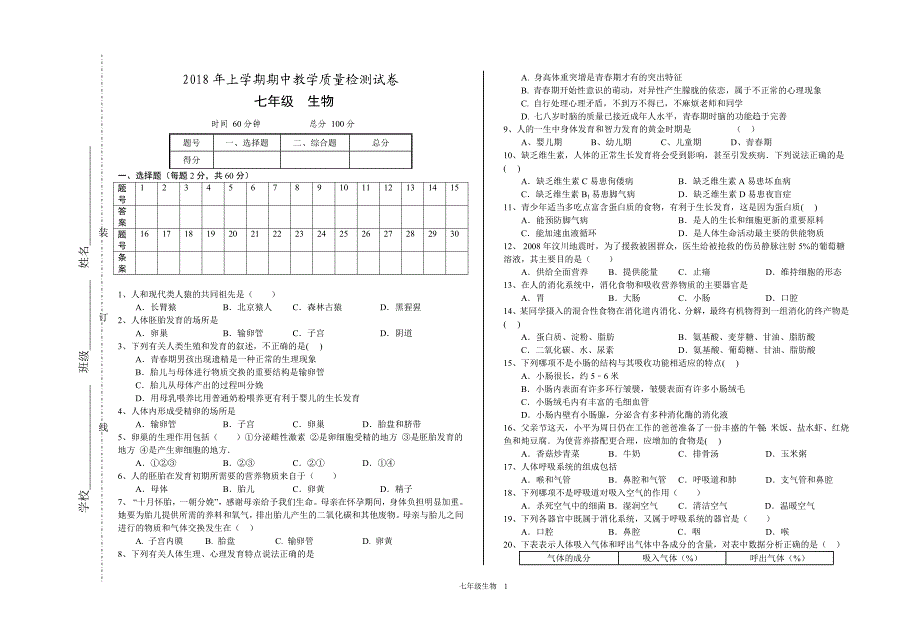 2018年七年级下册人教版生物期中试卷_第1页