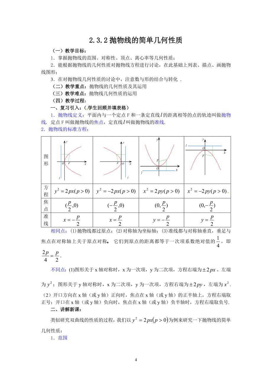 高中数学选修1-1人教a教案导学案：2.3.2抛物线的简单几何性质_第4页