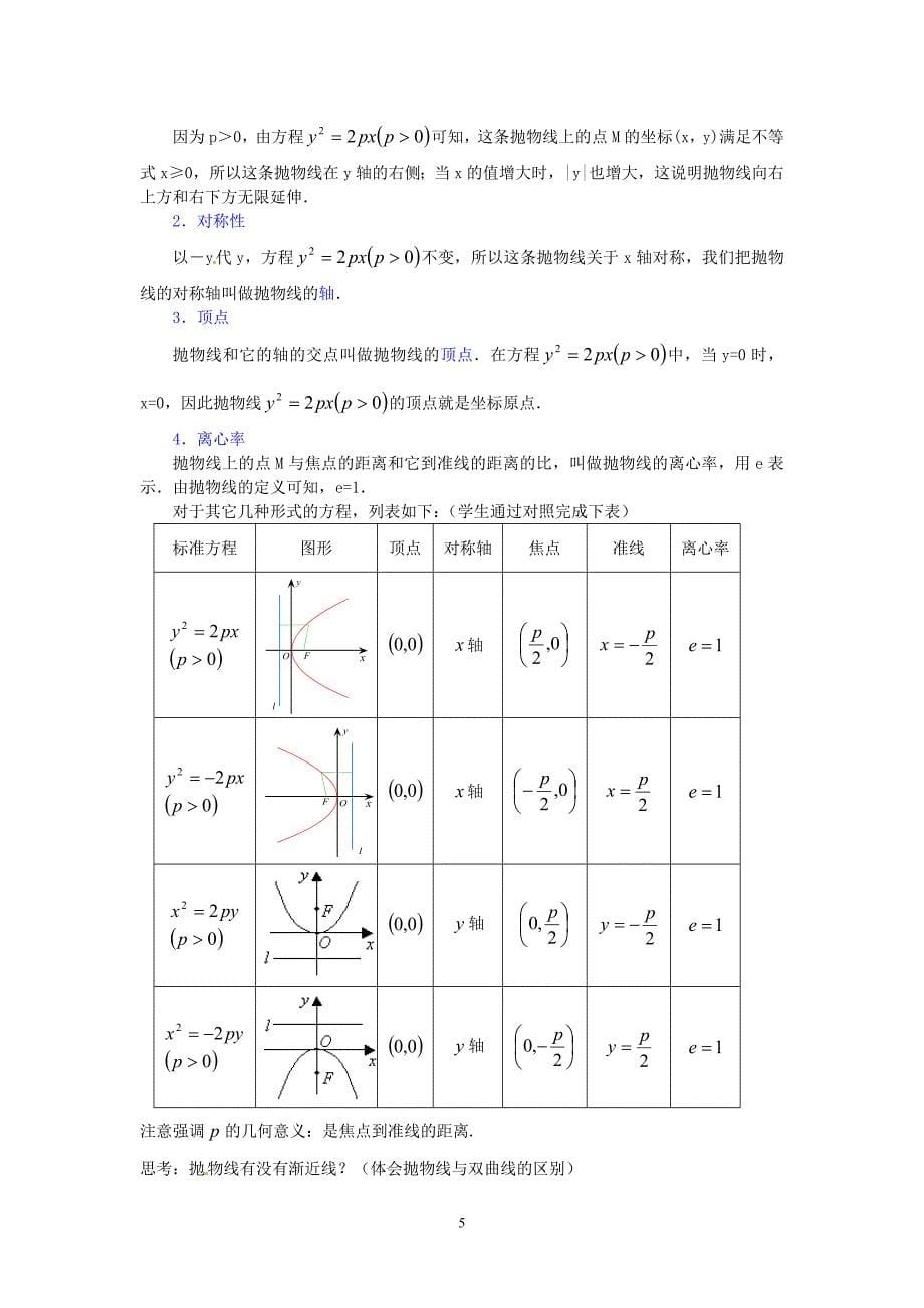 高中数学选修1-1人教a教案导学案：2.3.2抛物线的简单几何性质_第5页