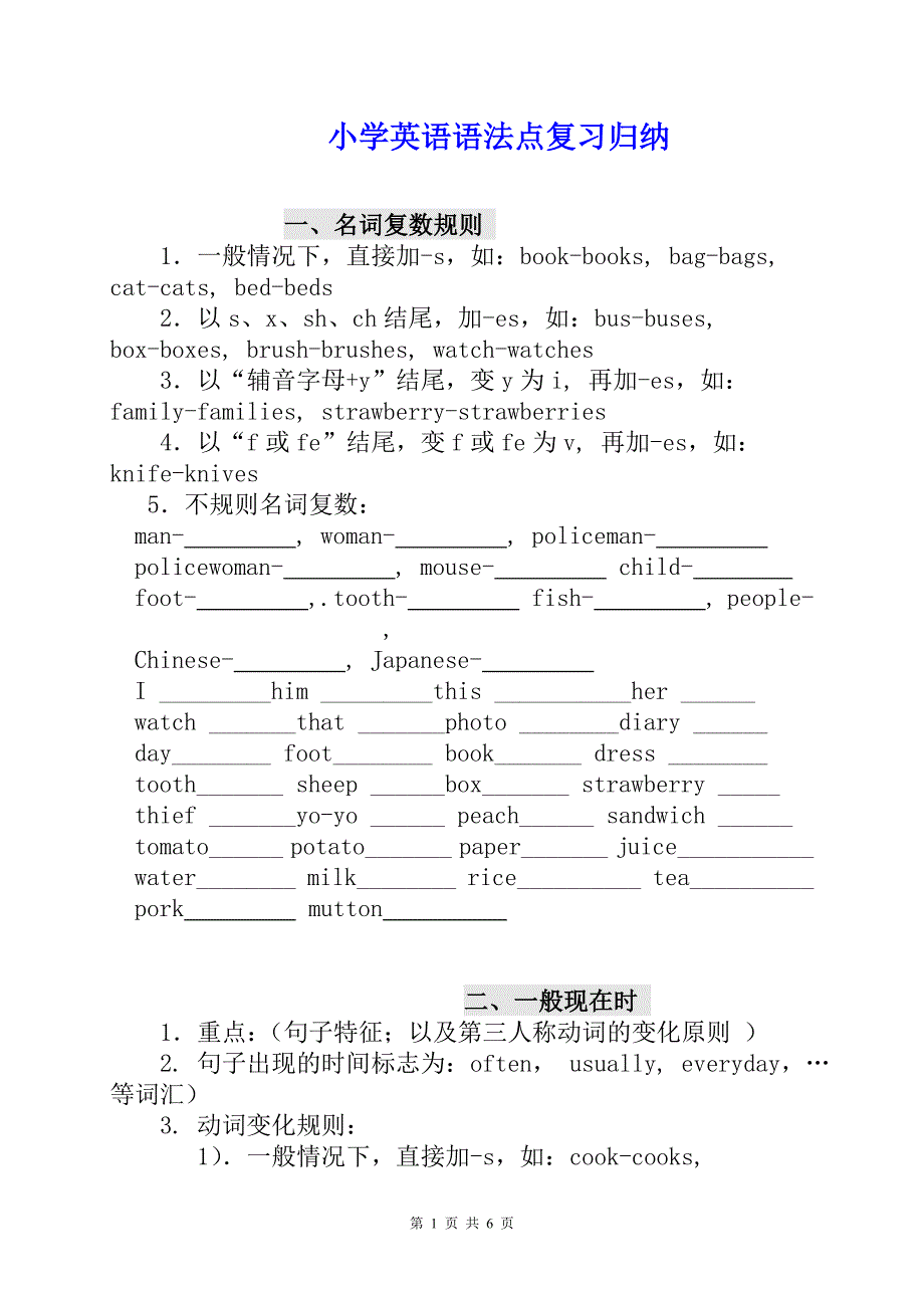 【人教版】pep小学六年级毕业英语语法复习要点归纳【精编】_第1页