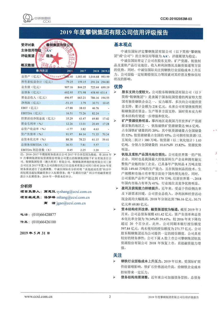 攀钢集团有限公司2019年度主体信用评级报告及跟踪评级安排_第2页