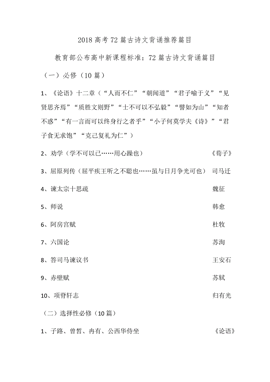 2018最新72篇古诗文背诵推荐篇目_第1页