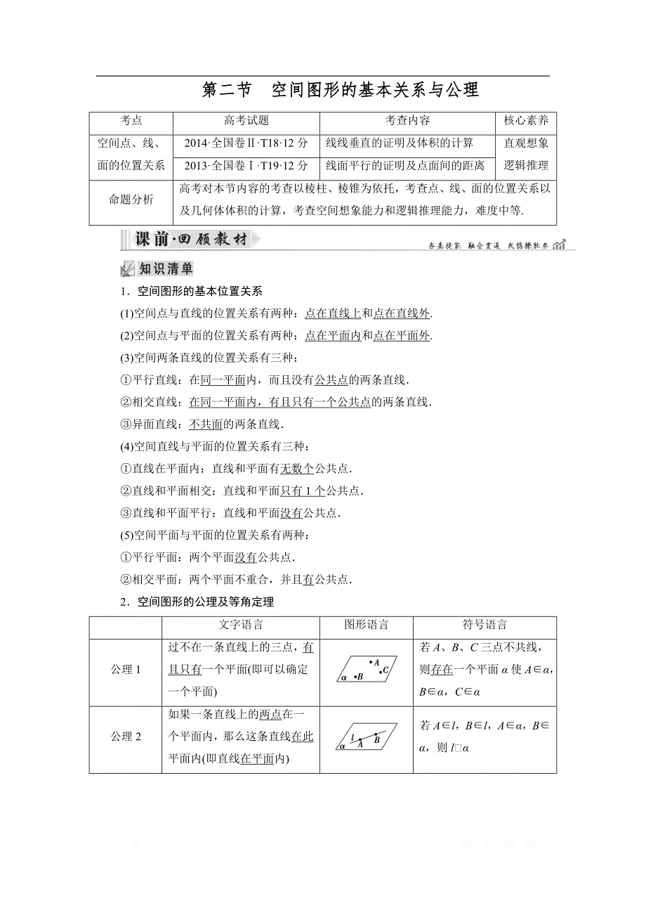 20一轮高考总复习文数（北师大版）讲义：第8章 第02节 空间图形的基本关系与公理 _第1页