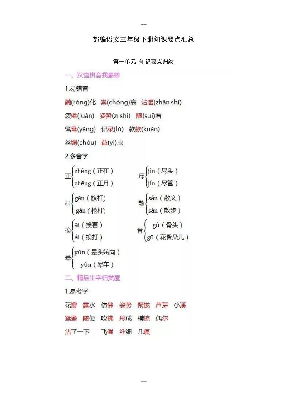 部编版三年级语文（下册）全册知识要点汇总（Word版，41页，含答案）_第1页