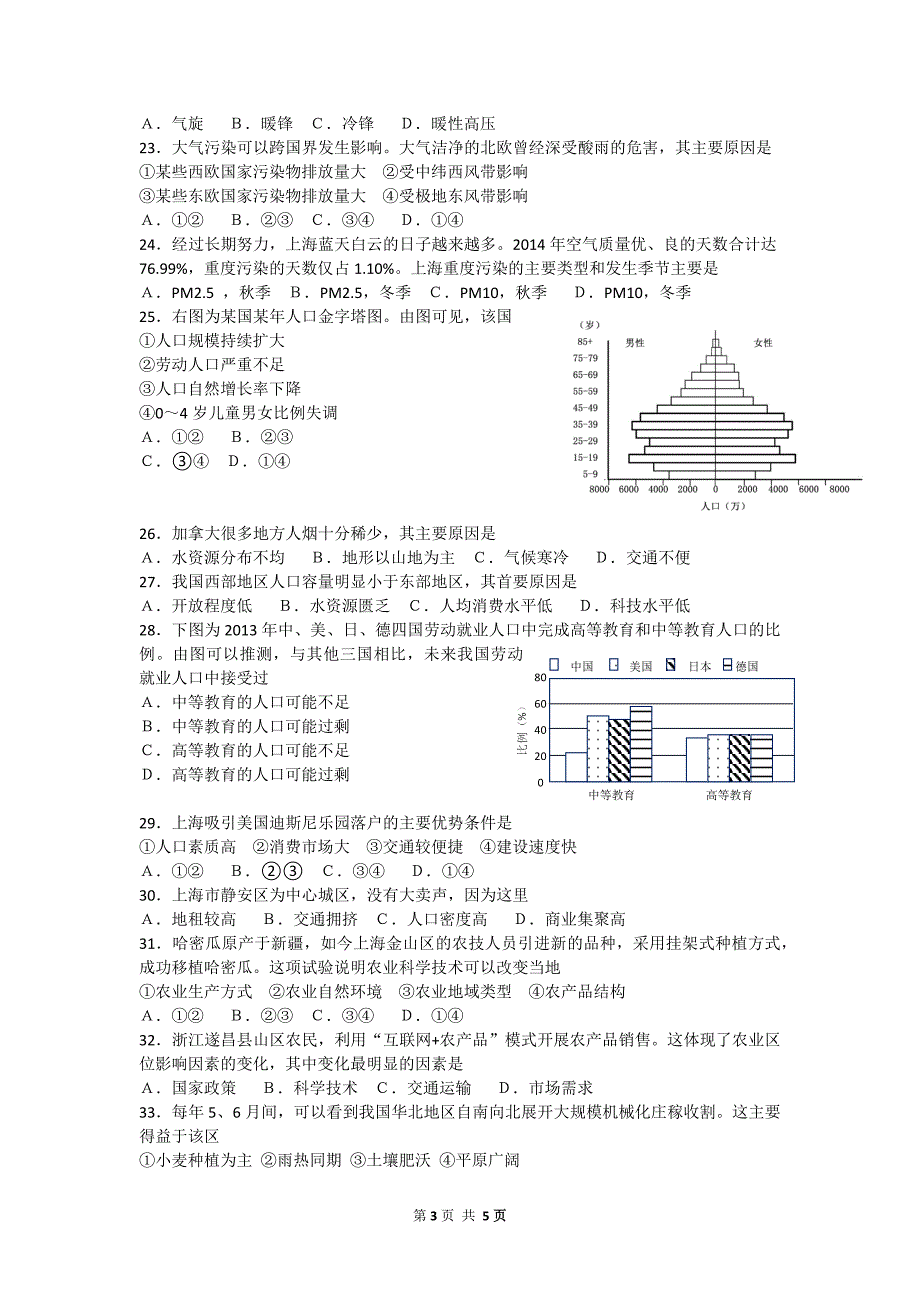 2015年上海市高中地理学业水平考试合格考 试题及答案_第3页