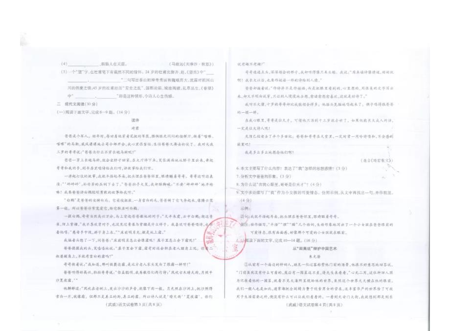 2019年甘肃省武威市中考语文试题（图片版，含参考答案、评分标准）_第2页