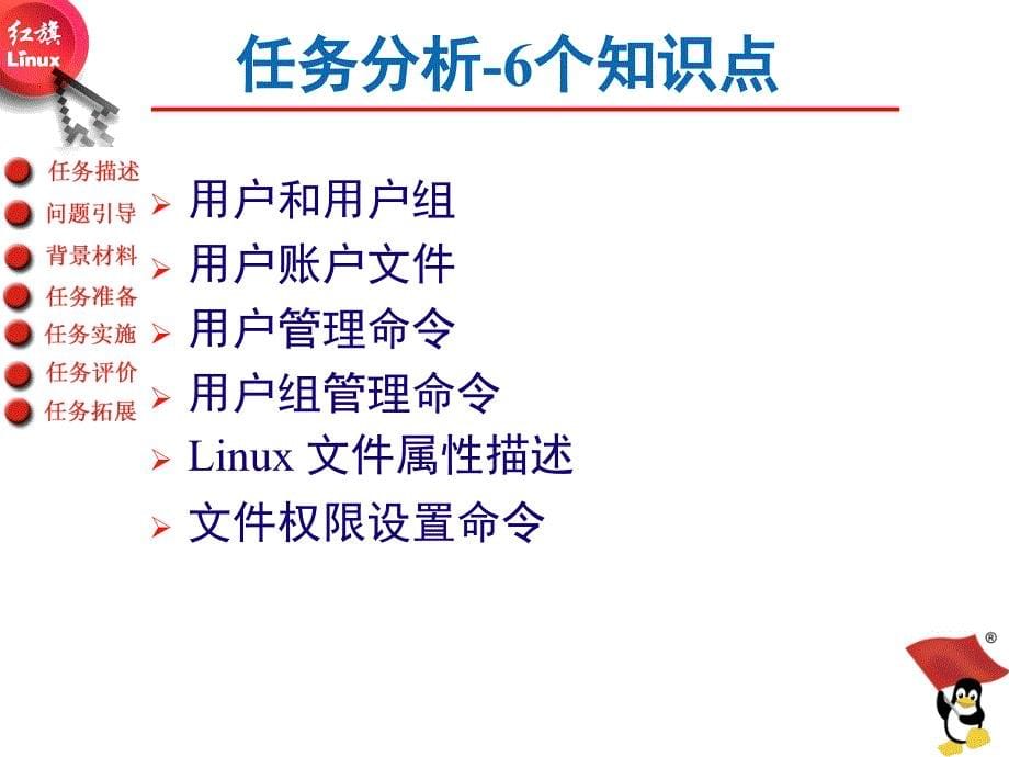 Linux操作系统桌面应用与管理教学课件作者王辉静教学课件情境一Linux操作系统桌面应用与管理教学课件作者王辉静教学课件情境一Q1rw5部门用户组及权限管理_第5页