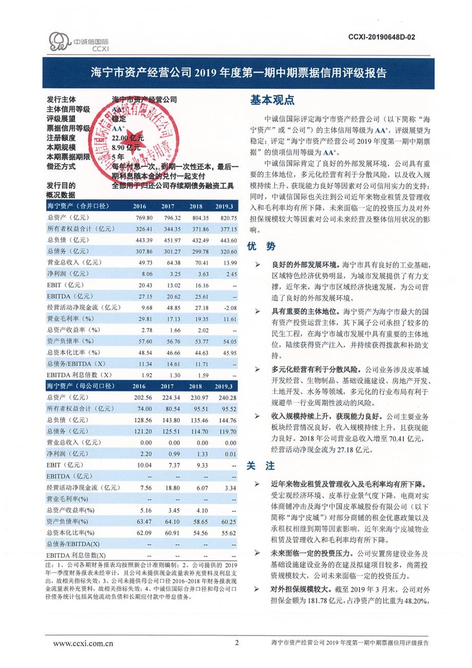 海宁市资产经营公司2019年度第一期中期票据信用评级报告_第2页