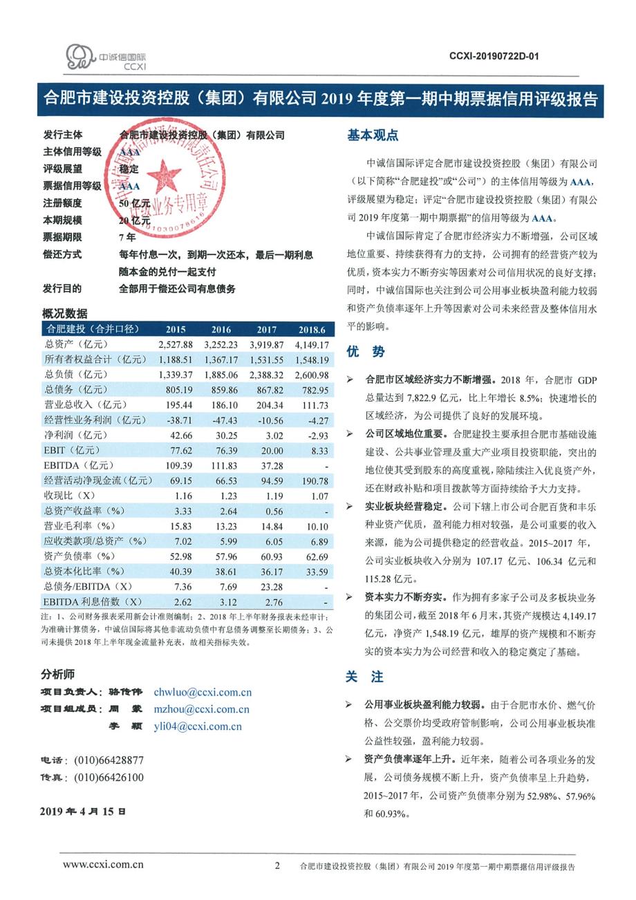 合肥市建设投资控股(集团)有限公司2019年度第一期中期票据信用评级报告_第2页