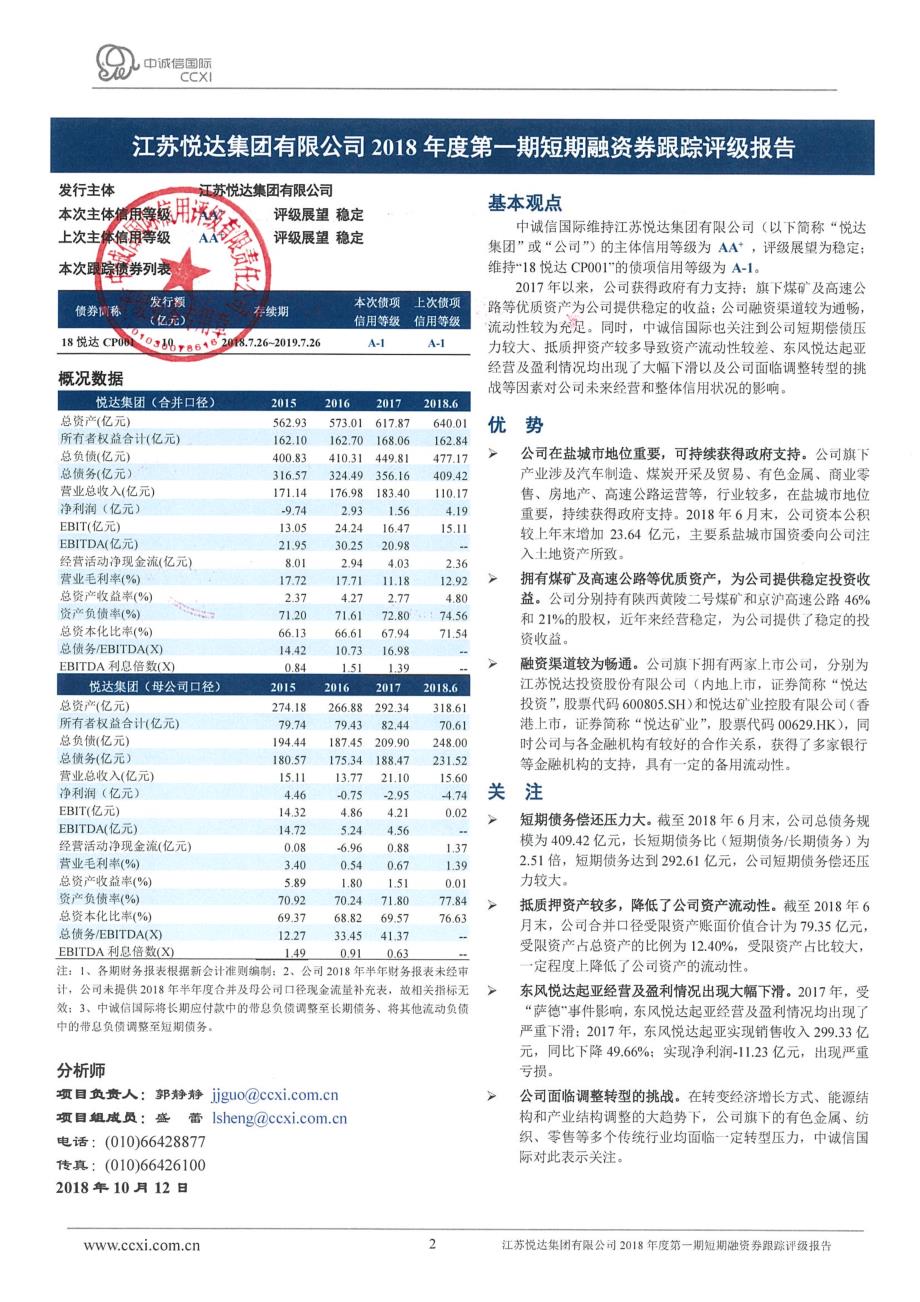 江苏悦达集团有限公司2019年度第三期超短期融资券评级报告_第2页