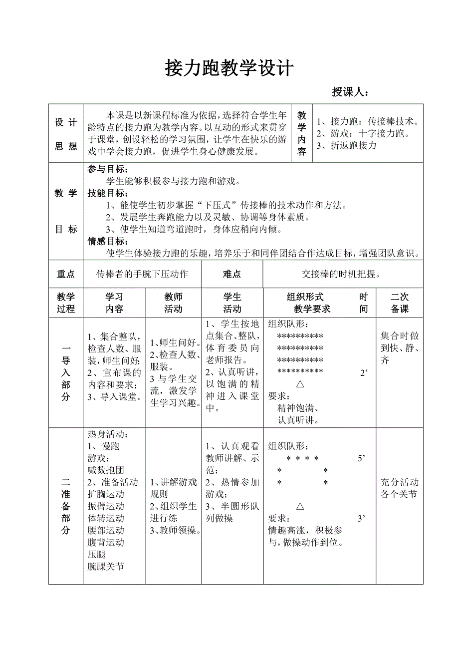 中学体育,接力跑教案_第1页