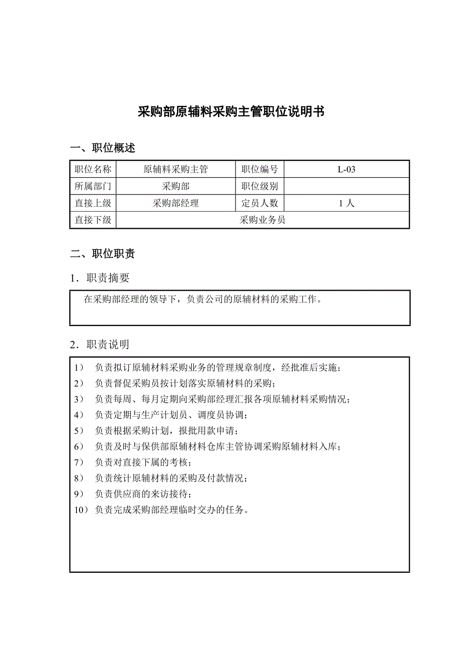 岗位职责_采购部原辅料采购主管的职位说明书_第1页