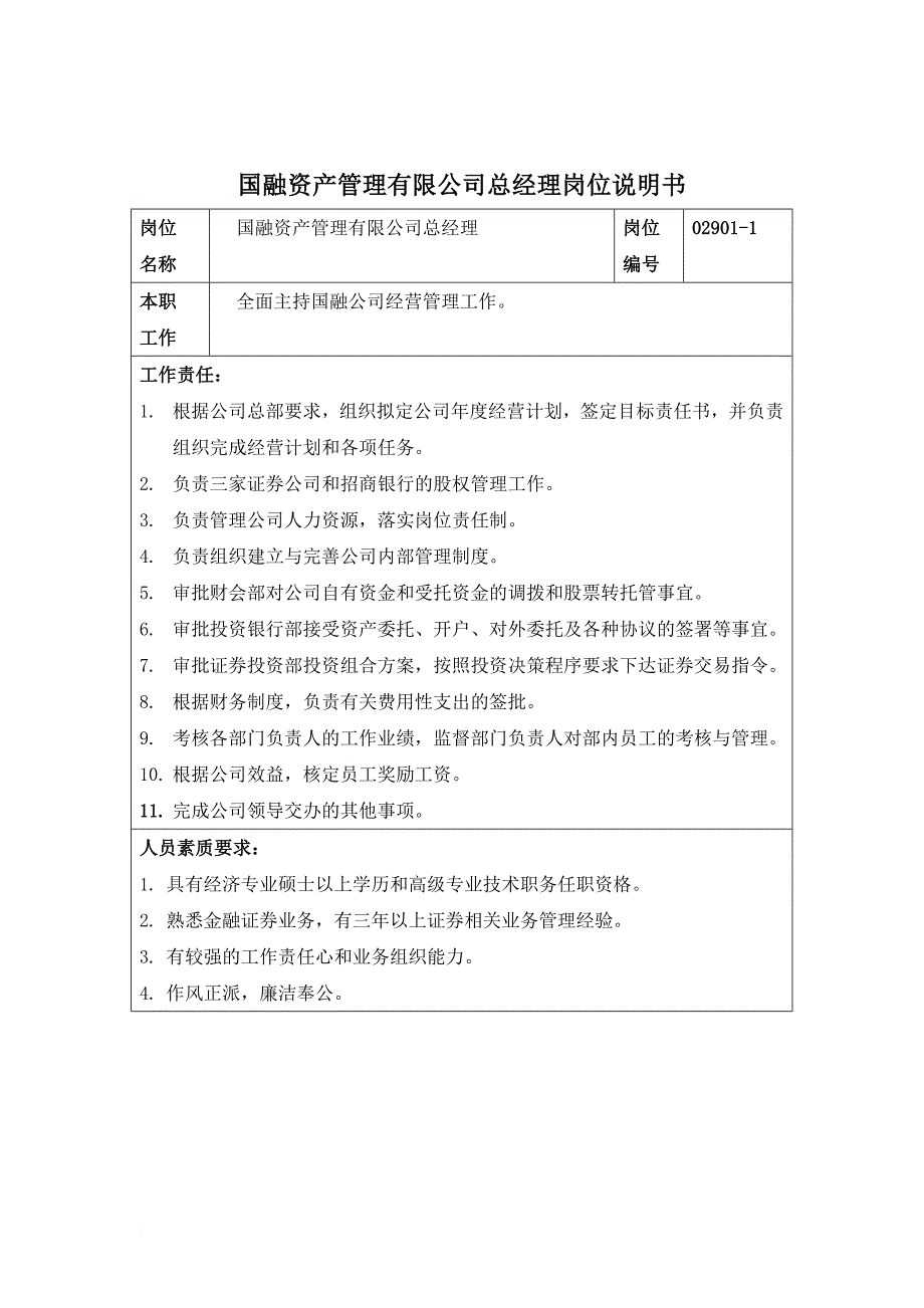 岗位职责_国融资产管理公司总经理岗位说明书_第1页