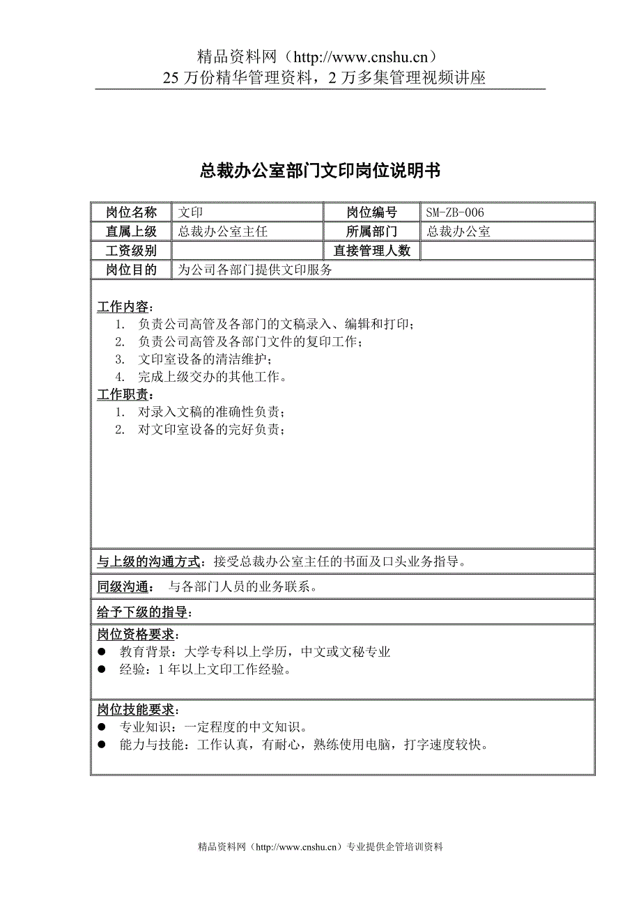 岗位职责_总裁办公室部门文印岗位职责_第1页