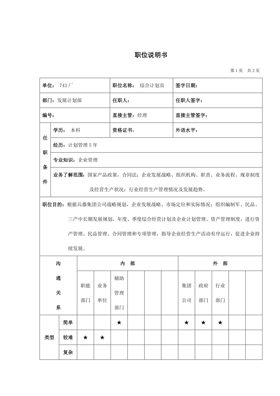 岗位职责_综合计划员职位说明书_第1页