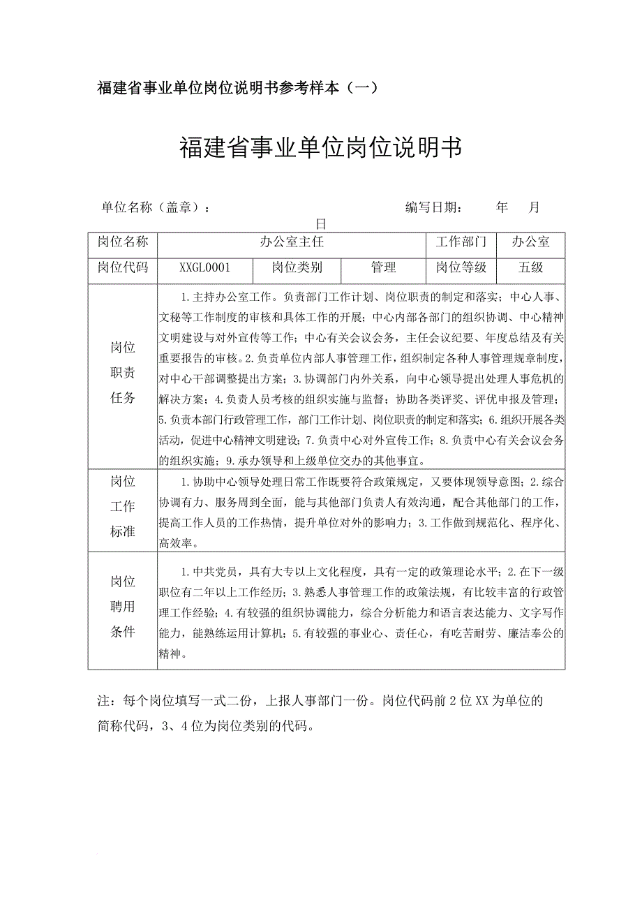 岗位职责_事业单位岗位说明书样本_第1页