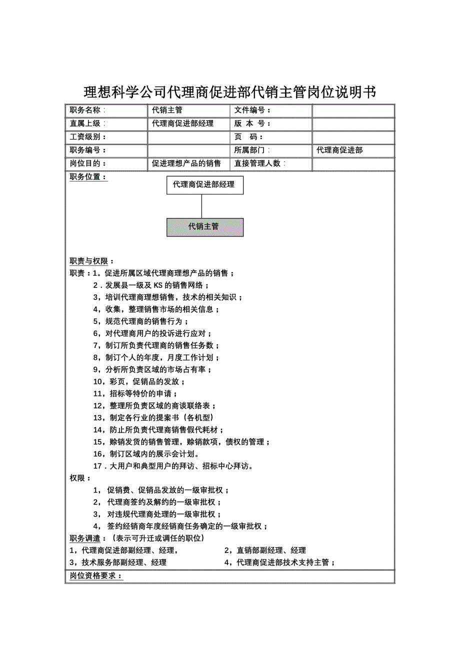 岗位职责_代理商促进部代销主管岗位职责_第1页