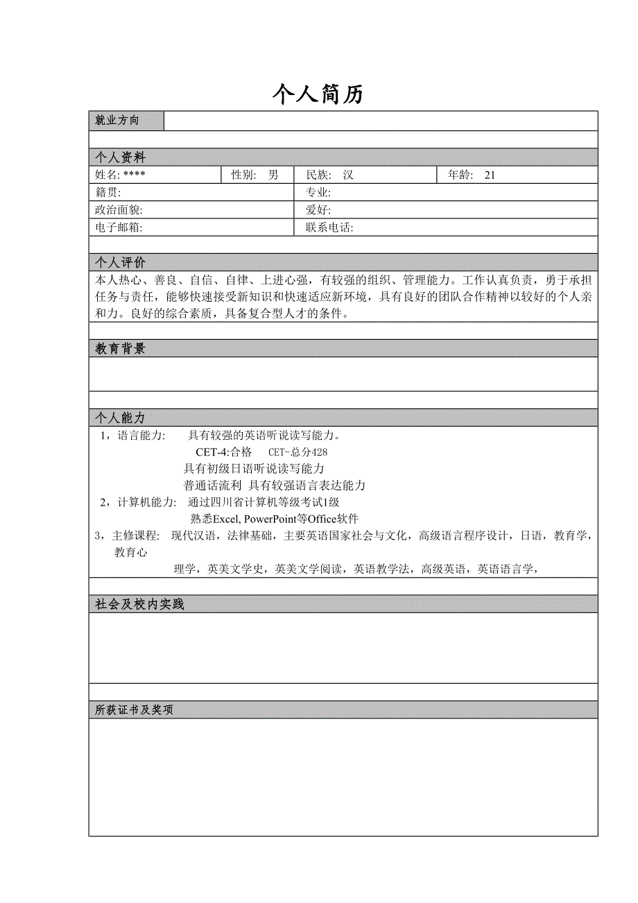 个人简历模板大全-可直接下载使用(word版)87607_第2页