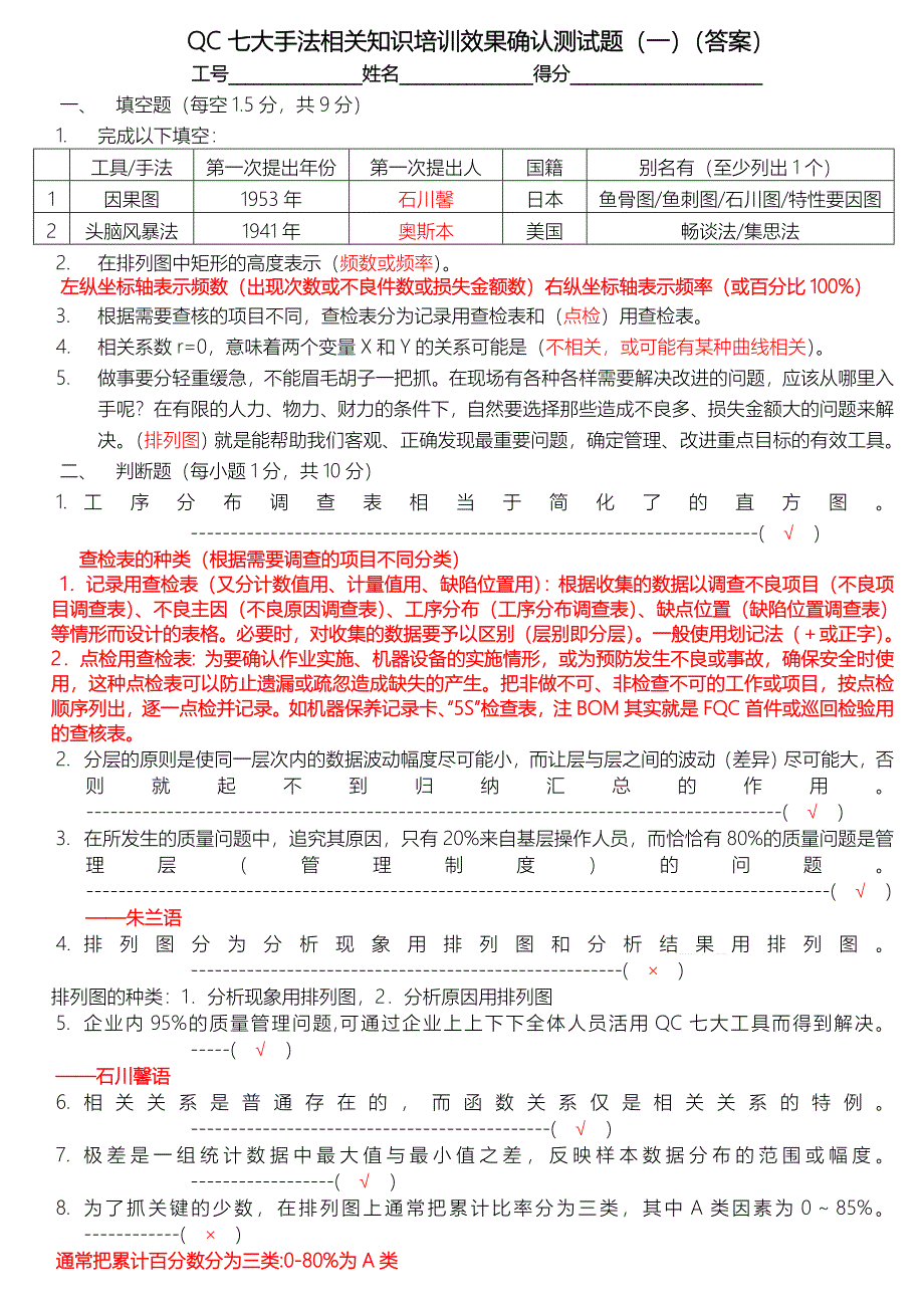 QC老七大手法相关知识培训后效果确认测试题二(答案)_第1页