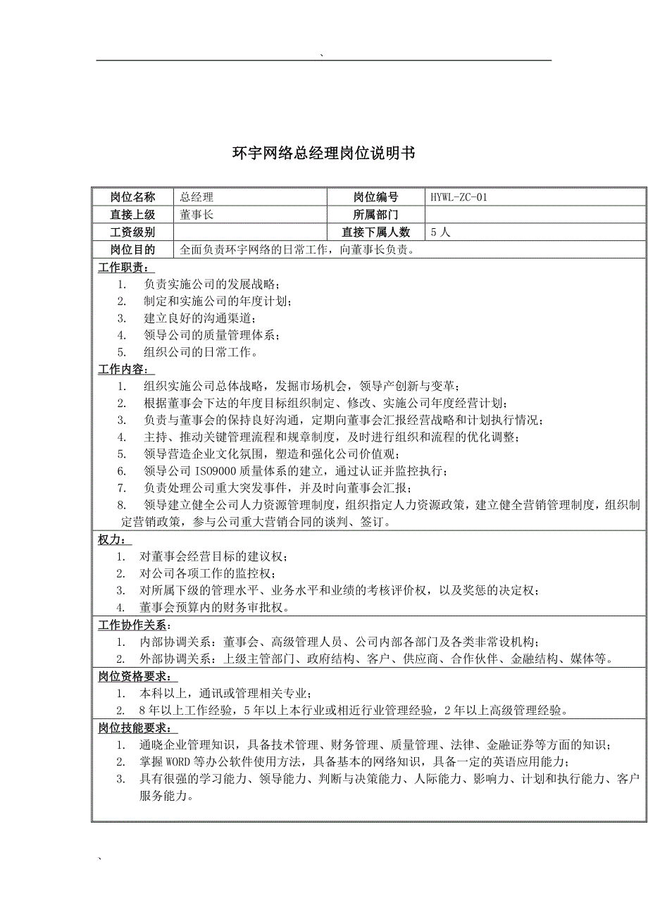 岗位职责_总裁经理岗位说明书大全102_第1页