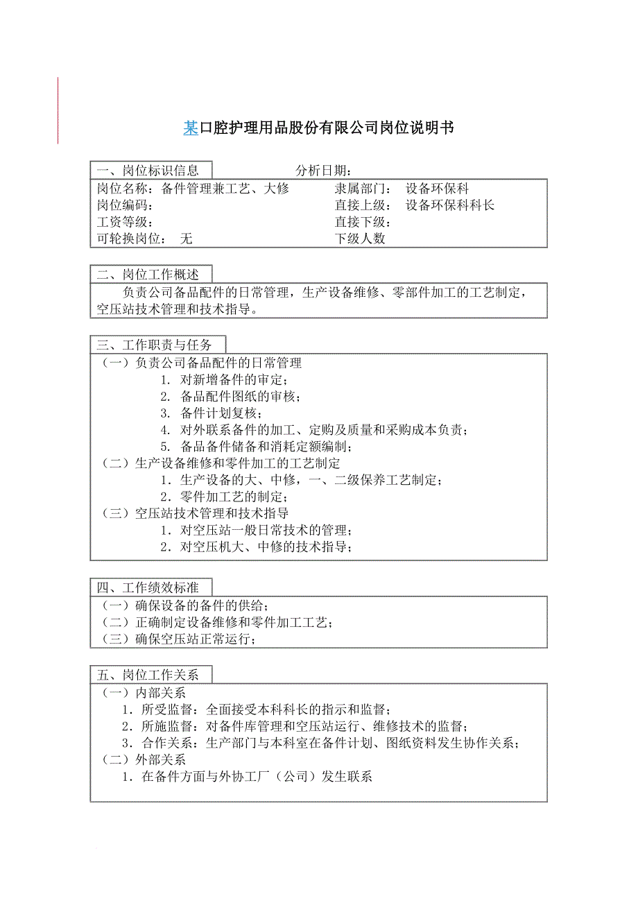 岗位职责_备件管理兼工艺、大修岗位描述_第1页