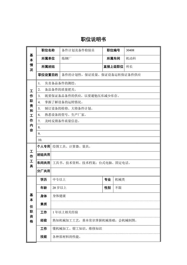 岗位职责_某炼钢厂备件计划及备件检验员岗位职责