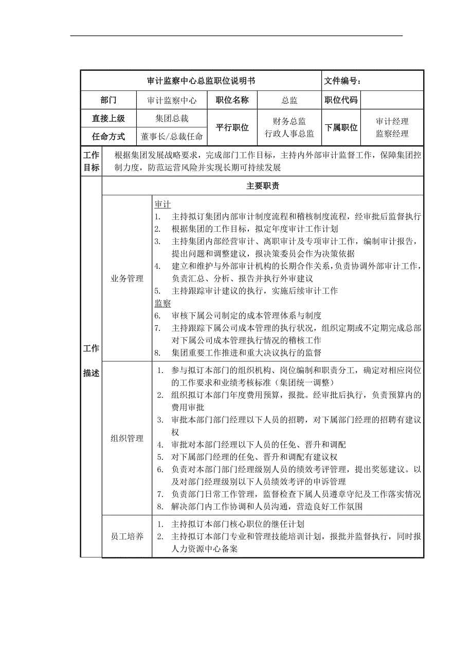 岗位职责_审计部岗位职务说明书19_第1页