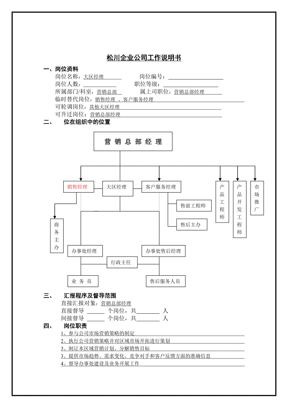 岗位职责_某公司营销总部大区经理岗位描述_第1页