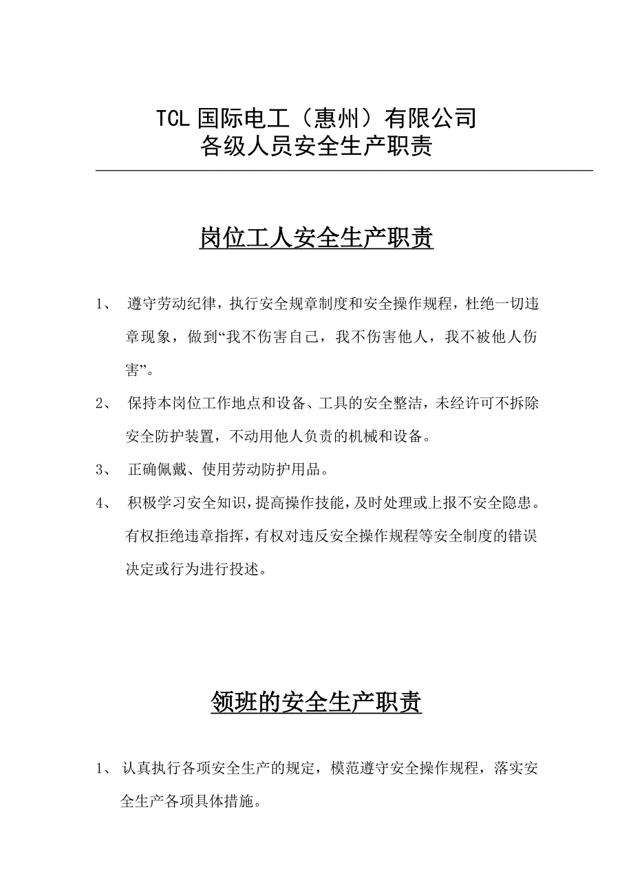 岗位职责_tcl公司各级人员安全生产职责_第1页