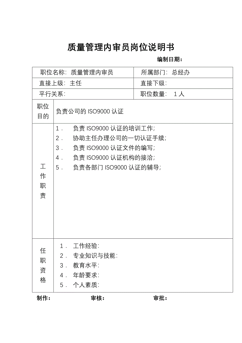 岗位职责_质量管理内审员岗位说明_第1页