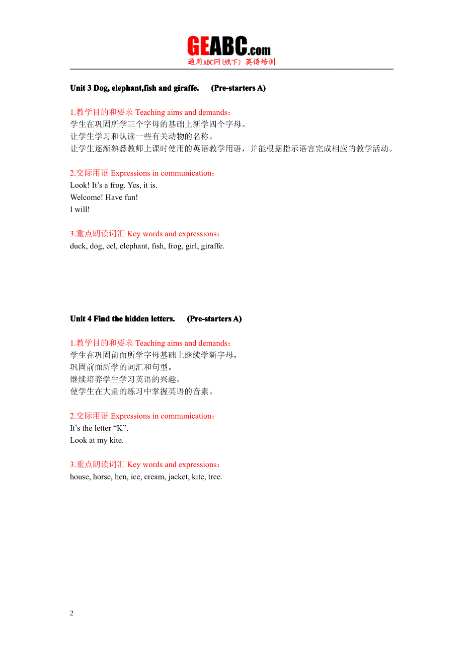 剑桥少儿英语预备级上册各单元重点_第2页