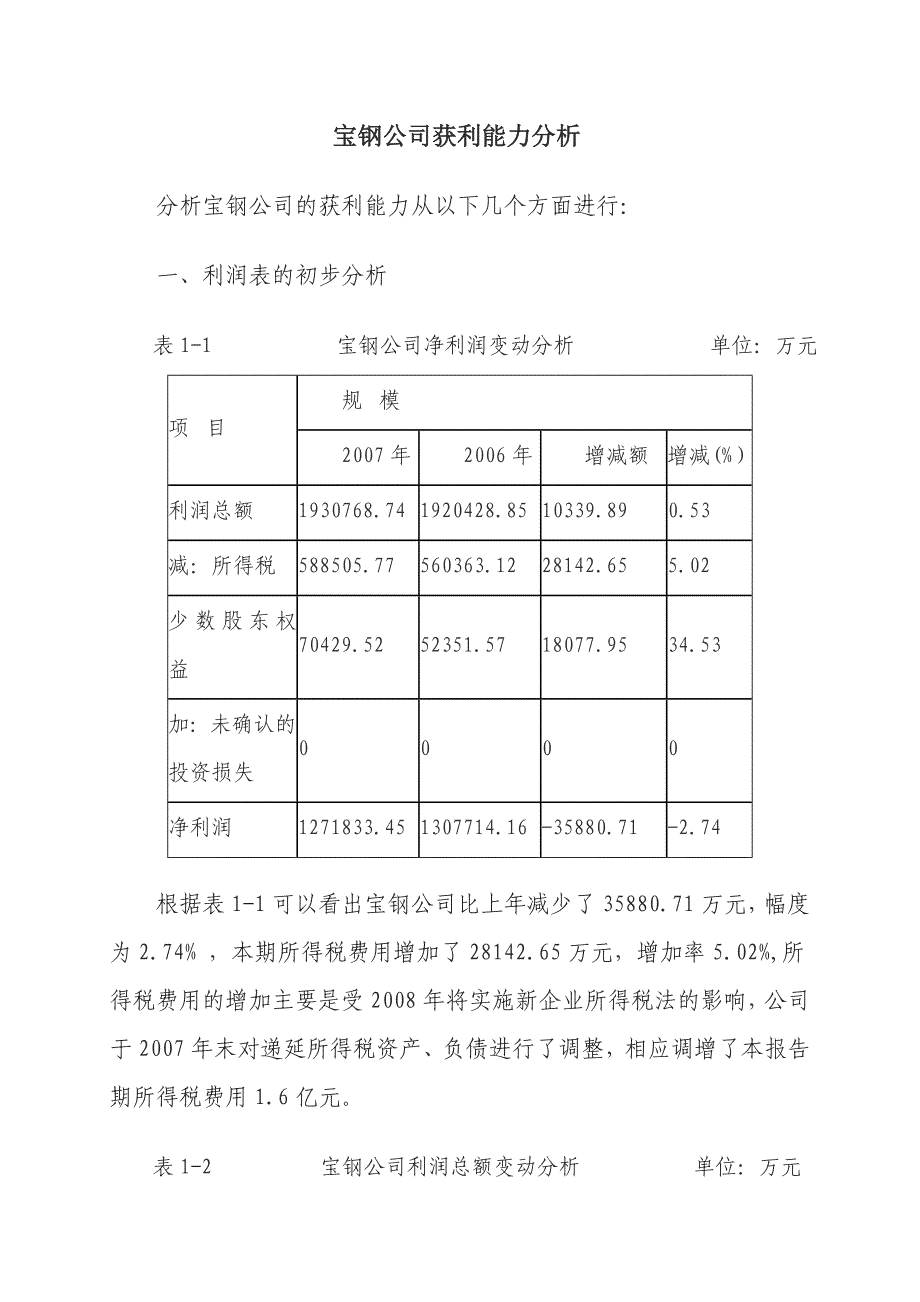 财务报表分析任务3宝钢公司获利能力分析_第1页