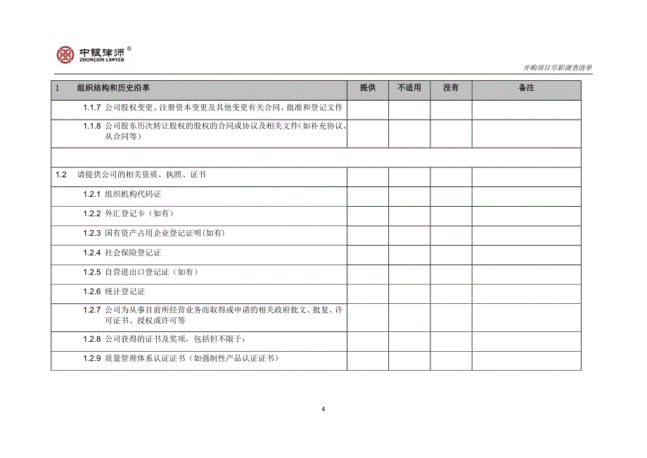 并购项目法律尽职调查清单资料_第4页