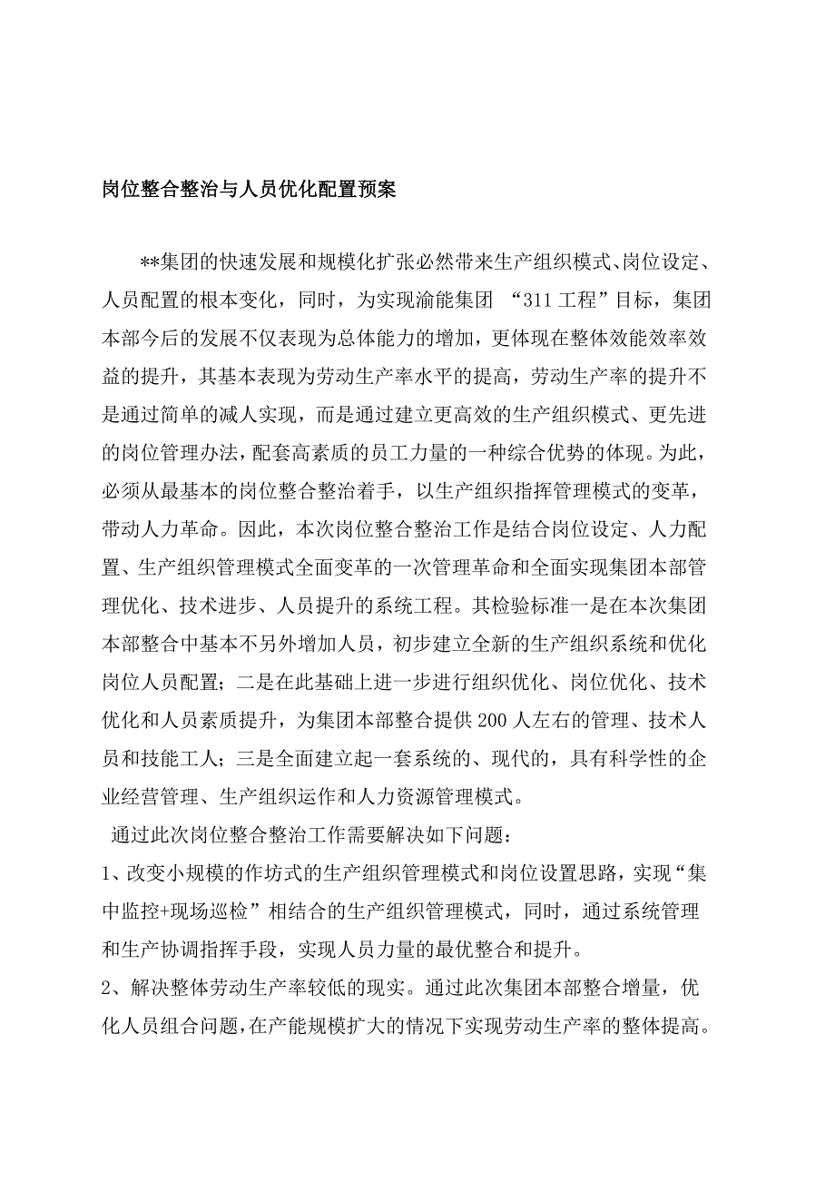 某大型集团公司岗位整合整治与人员优化配置策划预案汇编_第1页