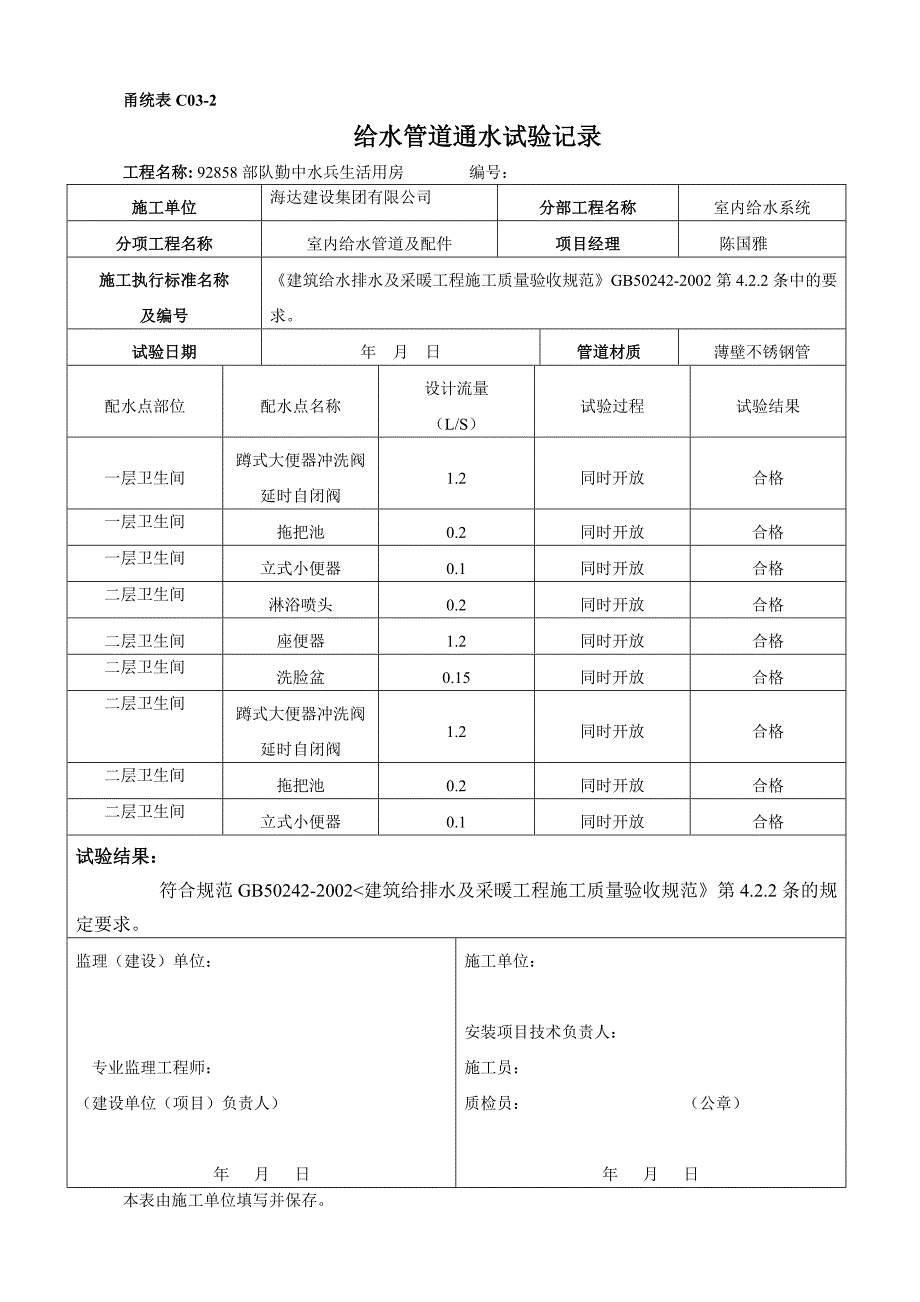 给水管通水试验记录_第1页