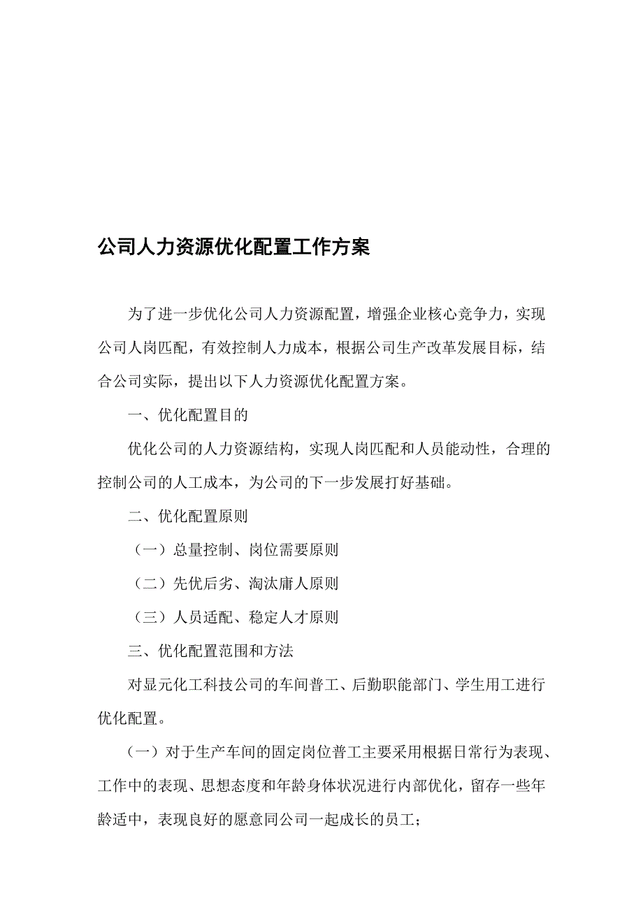 公司人力资源优化配置工作方案1_第1页