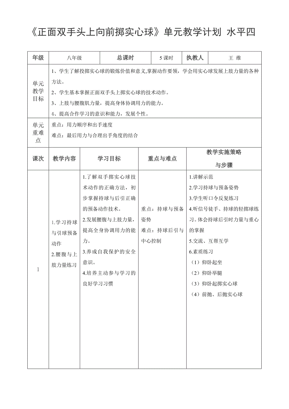 《正面双手头上向前掷实心球》单元教学计划_第2页