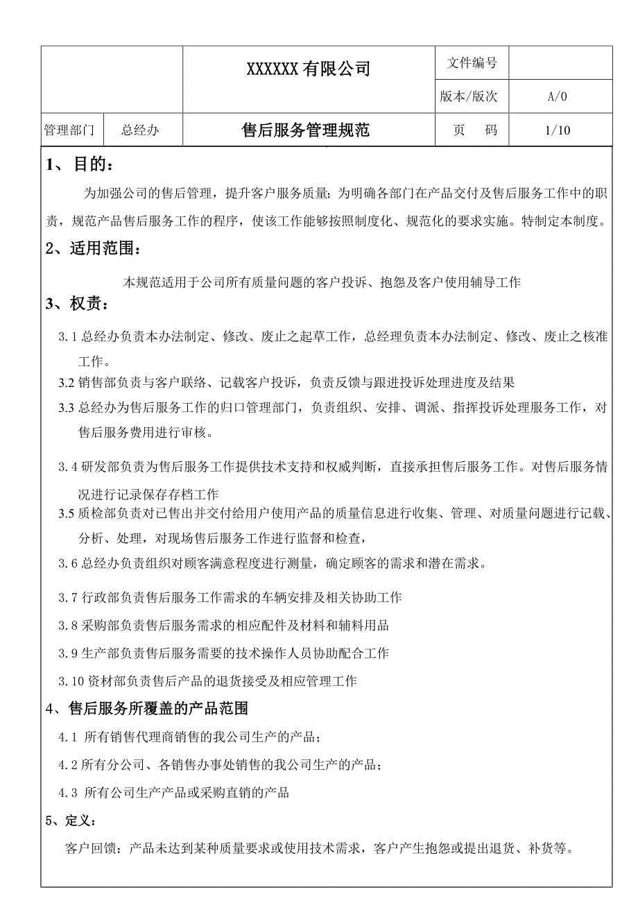 全新企业——售后服务管理规范_第1页