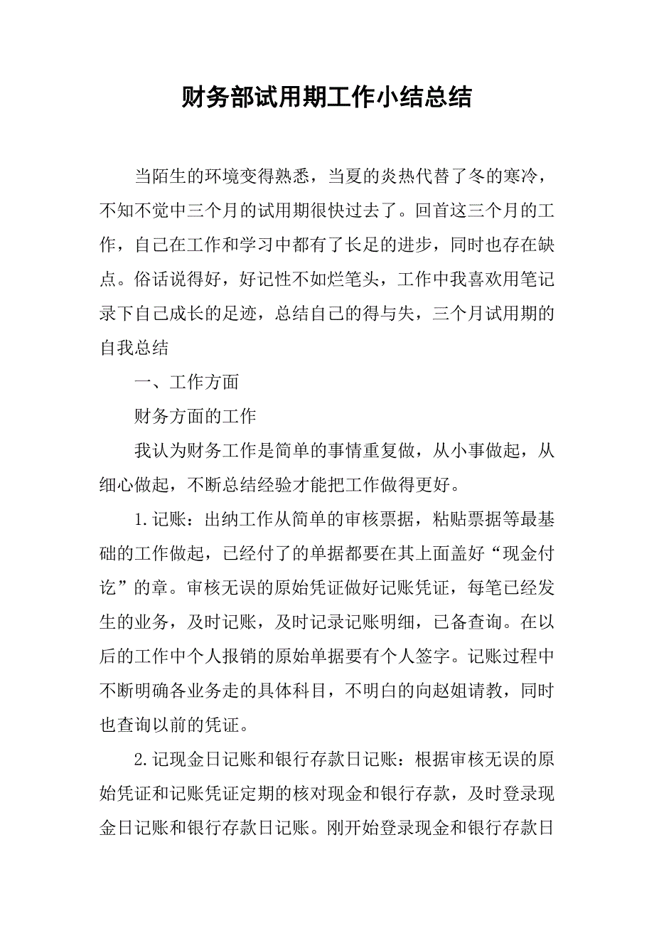 财务部试用期工作小结总结.doc_第1页