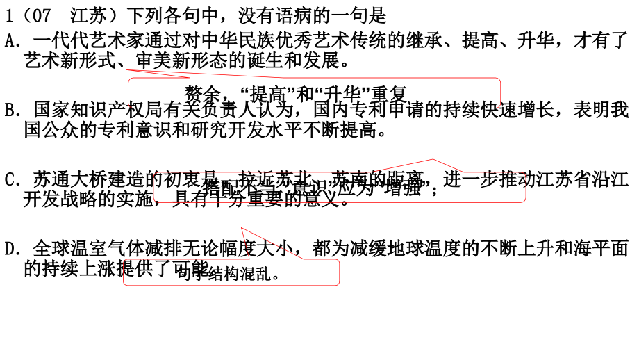 2009届高中语文重难点专题复习教程四正确辨析病句课件_第4页