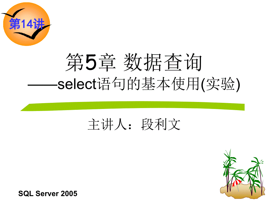 关系数据库与SQLServer2005教学课件作者龚小勇第14讲数据库的基本查询实验课件幻灯片_第1页