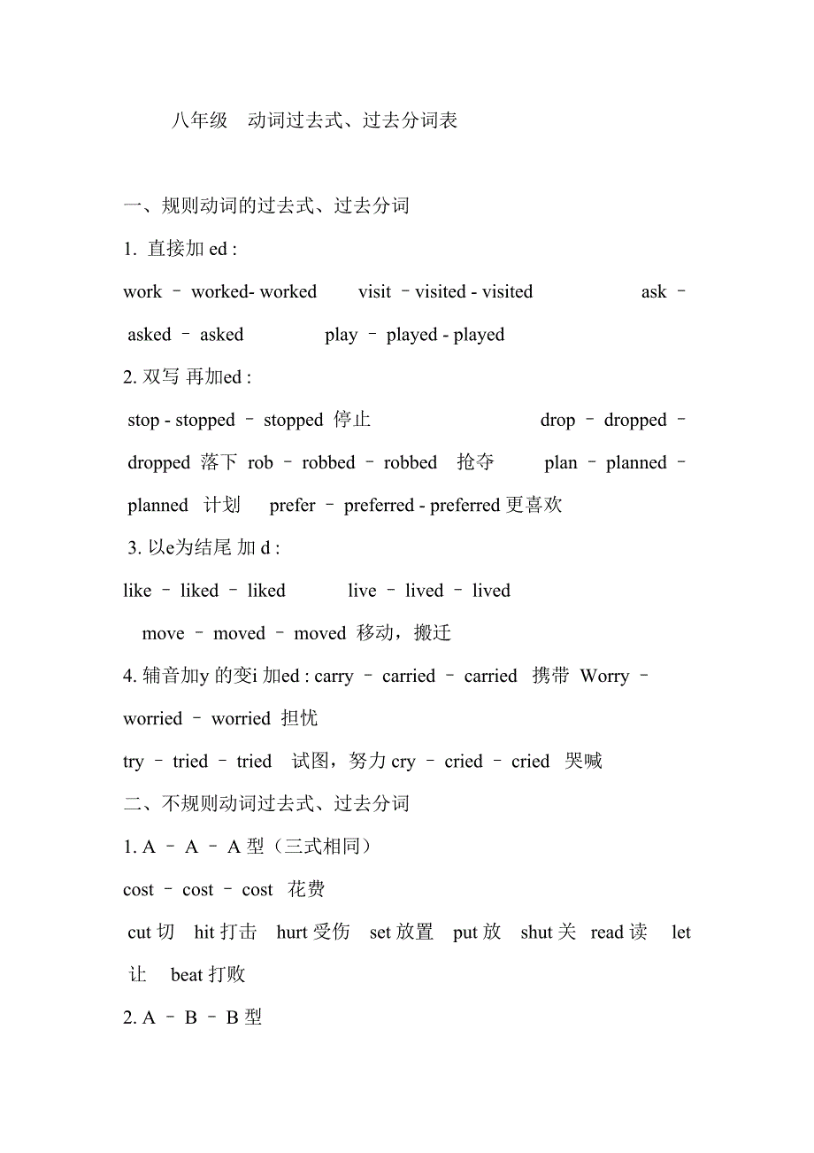 八年级    动词过去式、过去分词表_第1页
