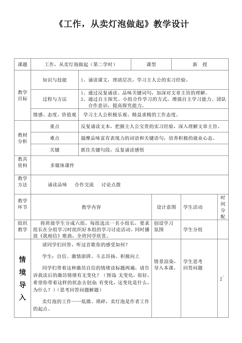 《工作-从卖灯泡做起》教学设计_第1页