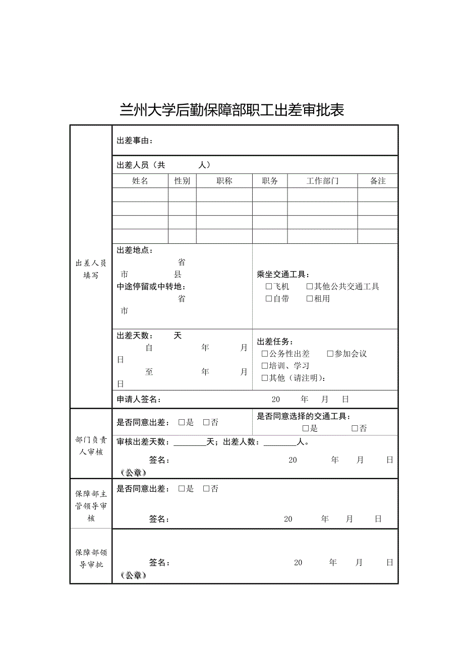 兰州大学后勤保障部职工出差审批表_第1页