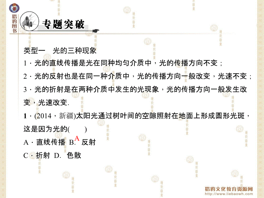 第四章光现象专题四直线传播反射折射现象的识别_第3页