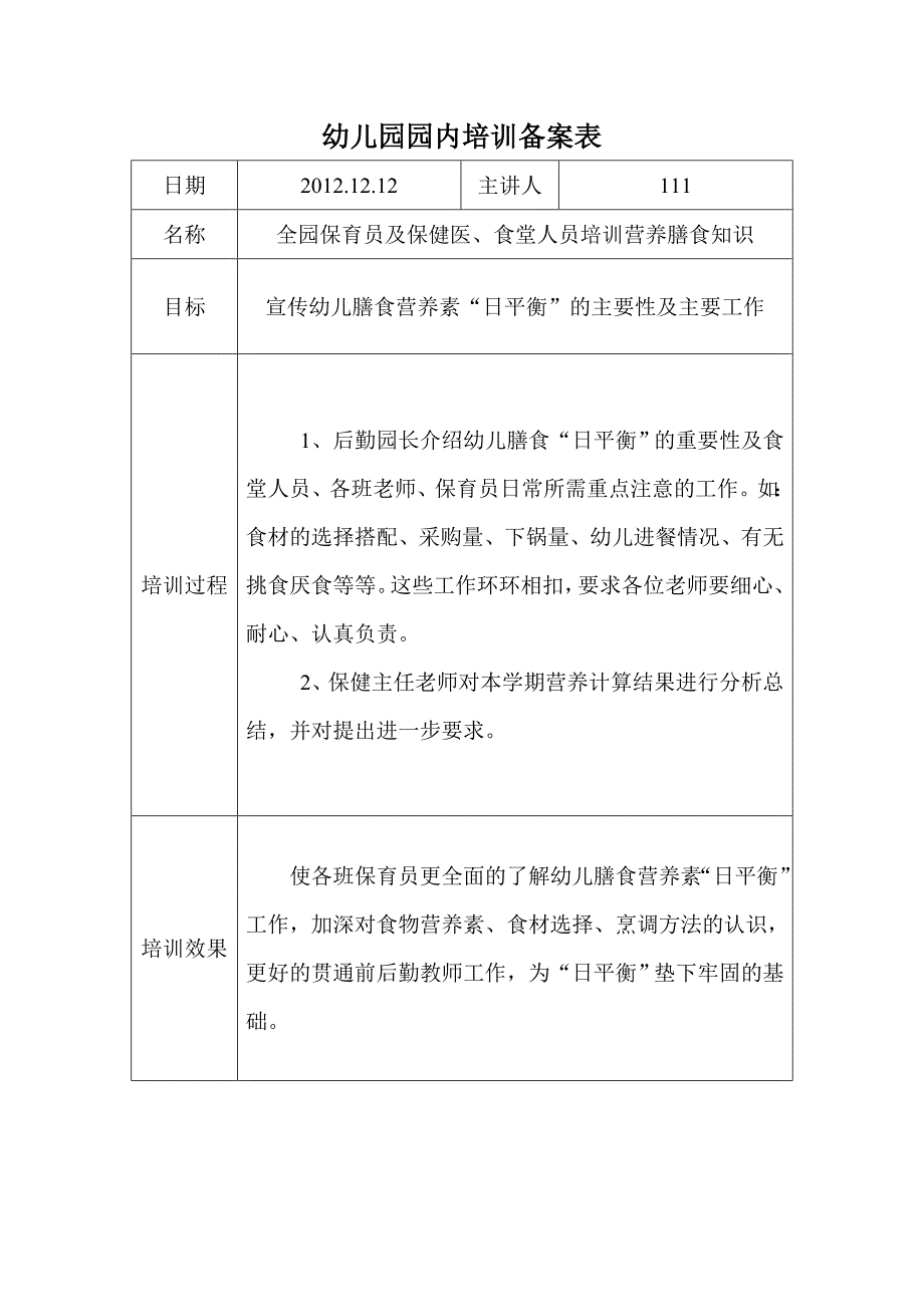 营养摄入“日平衡”幼儿园园内培训备案表_第1页